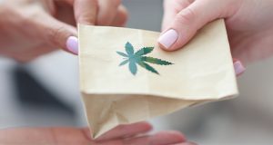 holding over paper bag with marijuana sign